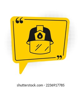 Black Firefighter helmet or fireman hat icon isolated on white background. Yellow speech bubble symbol. Vector