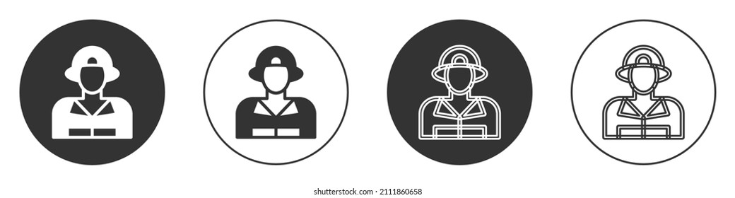 Icono del bombero negro aislado en fondo blanco. Botón Círculo. Vector