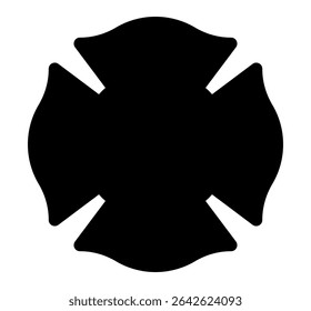 Preto bombeiro maltês cruz silhueta com capacete de fogo e ícone de eixos. Imagem de clipart isolada no plano de fundo.