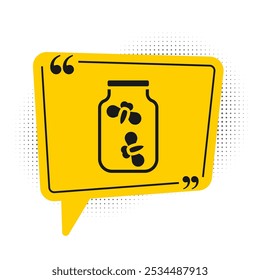 Black Fireflies bugs in a jar icon isolated on white background. Yellow speech bubble symbol. Vector