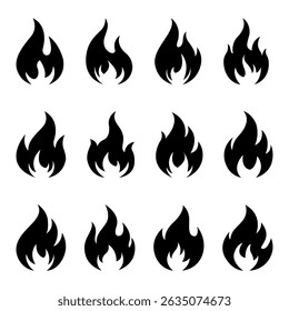 Black Fires Silhouettes, Fire Flames Icons Set, Isolated On White Background. Vector Illustration