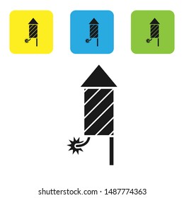 Black Firework rocket icon isolated on white background. Concept of fun party. Explosive pyrotechnic symbol. Set icons colorful square buttons. Vector Illustration