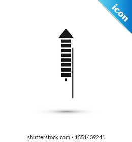 Black Firework rocket icon isolated on white background. Concept of fun party. Explosive pyrotechnic symbol.  Vector Illustration