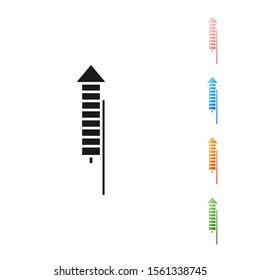 Black Firework rocket icon isolated on white background. Concept of fun party. Explosive pyrotechnic symbol. Set icons colorful. Vector Illustration