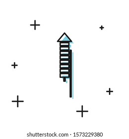 Black Firework rocket icon isolated on white background. Concept of fun party. Explosive pyrotechnic symbol.  Vector Illustration