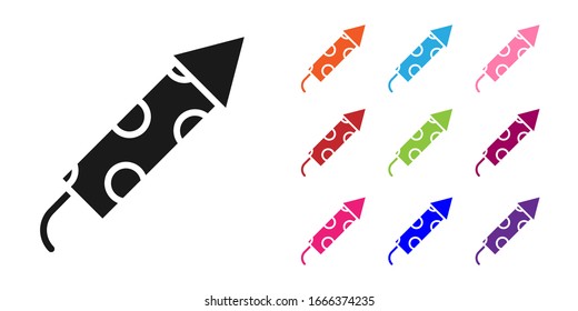 Icono del cohete Black Firework aislado en fondo blanco. Concepto de fiesta divertida. Símbolo pirotécnico explosivo. Establecer iconos coloridos. Ilustración vectorial