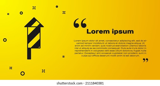 Black Firework rocket icon isolated on yellow background. Concept of fun party. Explosive pyrotechnic symbol.  Vector
