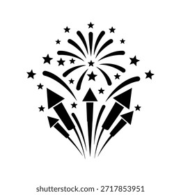 Black fireworks rockets exploding with stars on white background explosion celebration