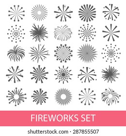 Black fireworks set isolated on white background, vector illustration