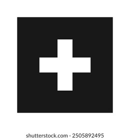 Schwarzes Erste-Hilfe-Box-Symbol mit Plus-Symbol. Medizinisches Hilfsschild, medizinisches Kreuz-Symbol, medizinisches Notfall-Illustrationssymbol, Sicherheitsdesign. 