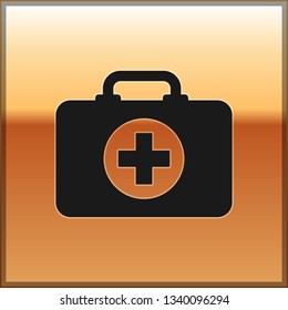 Black First aid kit icon isolated on gold background. Medical box with cross. Medical equipment for emergency. Healthcare concept. Vector Illustration