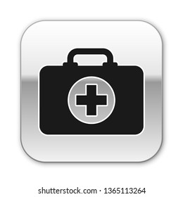Black First aid kit icon isolated on white background. Medical box with cross. Medical equipment for emergency. Healthcare concept. Silver square button. Vector Illustration