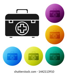 Black First aid kit icon isolated on white background. Medical box with cross. Medical equipment for emergency. Healthcare concept. Set icons colorful circle buttons. Vector Illustration