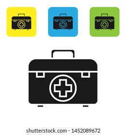 Black First aid kit icon isolated on white background. Medical box with cross. Medical equipment for emergency. Healthcare concept. Set icons colorful square buttons. Vector Illustration