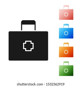 Black First aid kit icon isolated on white background. Medical box with cross. Medical equipment for emergency. Healthcare concept. Set icons colorful. Vector Illustration