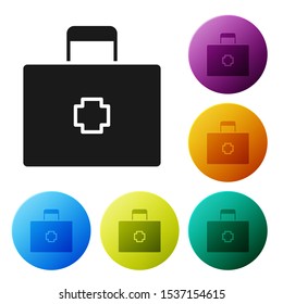 Black First aid kit icon isolated on white background. Medical box with cross. Medical equipment for emergency. Healthcare concept. Set icons colorful circle buttons. Vector Illustration