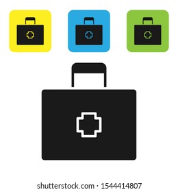 Black First aid kit icon isolated on white background. Medical box with cross. Medical equipment for emergency. Healthcare concept. Set of colorful square icon buttons. Vector Illustration