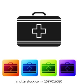 Black First aid kit icon isolated on white background. Medical box with cross. Medical equipment for emergency. Healthcare concept. Set icons in color square buttons. Vector Illustration