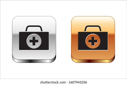 Black First aid kit icon isolated on white background. Medical box with cross. Medical equipment for emergency. Healthcare concept. Silver-gold square button. Vector Illustration