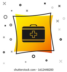 Black First aid kit icon isolated on white background. Medical box with cross. Medical equipment for emergency. Healthcare concept. Yellow square button. Vector Illustration