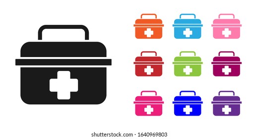Black First aid kit icon isolated on white background. Medical box with cross. Medical equipment for emergency. Healthcare concept. Set icons colorful. Vector Illustration