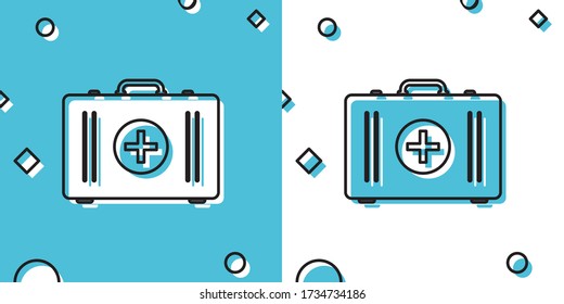Black First aid kit icon isolated on blue and white background. Medical box with cross. Medical equipment for emergency. Healthcare concept. Random dynamic shapes. Vector Illustration