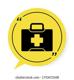 Black First aid kit icon isolated on white background. Medical box with cross. Medical equipment for emergency. Healthcare concept. Yellow speech bubble symbol. Vector Illustration