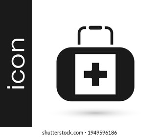 Black First aid kit icon isolated on white background. Medical box with cross. Medical equipment for emergency. Healthcare concept.  Vector