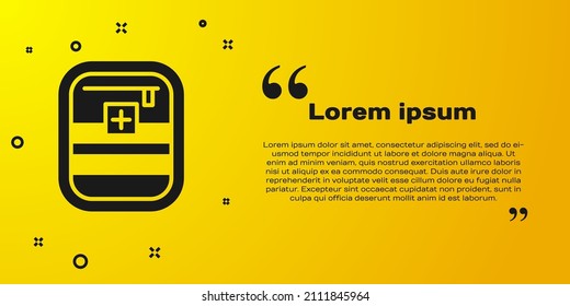 Icono del kit de primeros auxilios negro aislado en fondo amarillo. Caja médica con cruz. Equipo médico de emergencia. Concepto de salud.  Ilustración vectorial