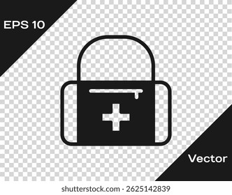 Black First aid kit icon isolated on transparent background. Medical box with cross. Medical equipment for emergency. Healthcare concept.  Vector