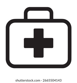 Icono negro del kit de primeros auxilios con la cruz blanca en la salud blanca del kit médico del fondo.