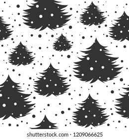 Black fir-trees with snow on white background. Forest blizzard. seamless winter pattern with spruce. Christmas vector ornament. holiday simple texture for printing on fabric or paper.  