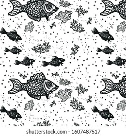 black fish and corals on a transparent background