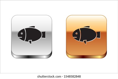 Black Fish icon isolated on white background. Silver-gold square button. Vector Illustration
