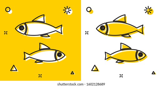 Black Fish icon isolated on yellow and white background. Random dynamic shapes. Vector Illustration