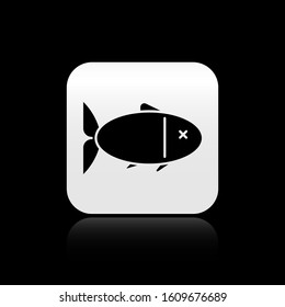 Black Fish icon isolated on black background. Silver square button. Vector Illustration