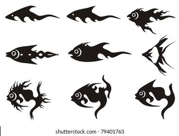 Black fish icons. Black on the white. Vector illustration of the stylized fishes