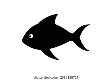 A black fish illustration is seen swimming gracefully. The design features a cute eye and a streamlined shape, set against a plain white background, emphasizing its simplicity and elegance.