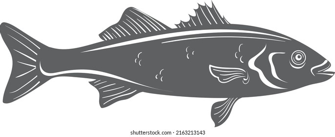 Black Fish Logo. Seabass Silhouette. Underwater Fauna Symbol Isolated On White Background