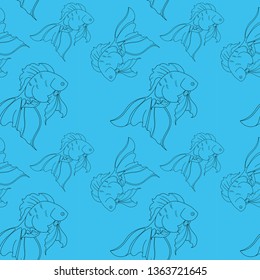 black FISH ON A BLUE BACKGROUND, SEAMLESS PATTERN, VECTOR ILLUSTRATION. FIGURE FOR WALLPAPERS, PACKAGING PAPER, printing on fabric