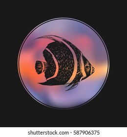 Black fish on the dark blur background. Nice badge. Creative emblem. High-quality graphic illustration. Hand drawn. Marine theme. The ocean inhabitants. Striped fish.