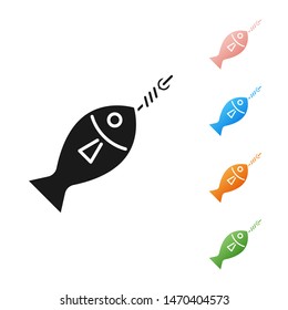 Black Fish on hook icon isolated on white background. Set icons colorful. Vector Illustration