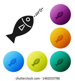 Black Fish on hook icon isolated on white background. Set icons colorful circle buttons. Vector Illustration