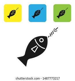 Black Fish on hook icon isolated on white background. Set icons colorful square buttons. Vector Illustration