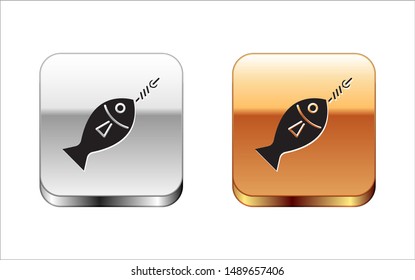 Black Fish on hook icon isolated on white background. Silver-gold square button. Vector Illustration