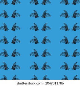 Black fish patterns on blue background, vector, decorative, textile, fabric, backdrop