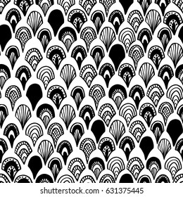 Black fish scale hand drawn vector seamless pattern.