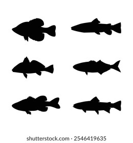 Black Fish Silhouette Collection. Set Of Black Fish Icons Vector Fish Silhouette Animal Wildlife White Background