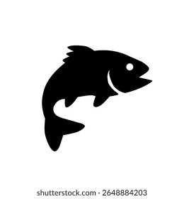 Black fish silhouette icon facing left. Simple vector graphic ideal for seafood, fishing, marine life, logo concepts, or aquatic-themed design elements