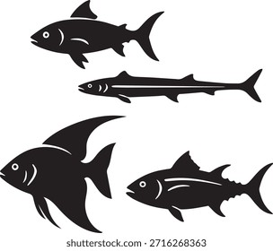 Conjunto de Vector de silueta de pez negro con cuatro especies acuáticas diferentes en un estilo limpio y minimalista. Formas sólidas de alto contraste con curvas suaves y aletas distintivas, ideales para logotipos, íconos, diseños de temática marina, marcas de mariscos, tatuajes, pegatinas, empaques y materiales educativos. Aislado sobre un fondo blanco, adecuado para impresión y uso digital. Perfecto para el océano, la pesca, la vida silvestre y los conceptos náuticos.